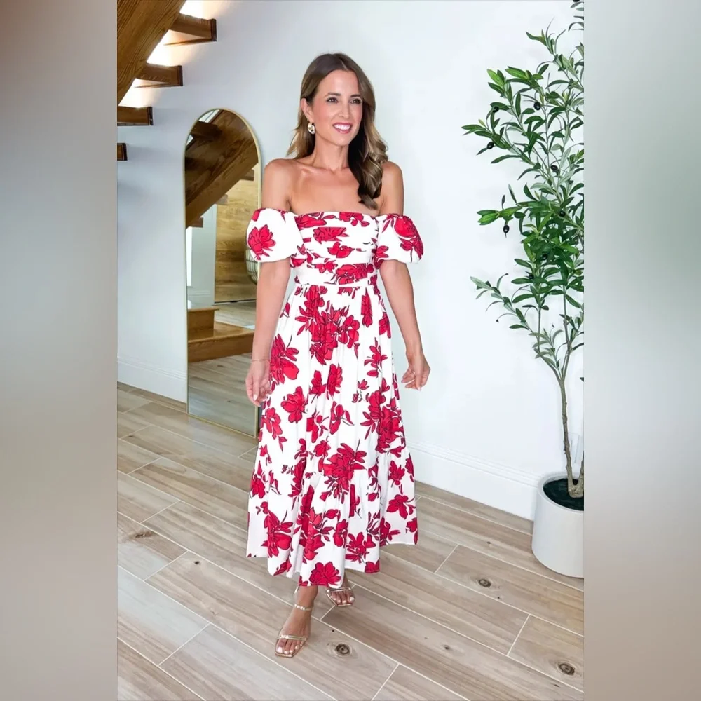 Abercrombie & Fitch Emerson Red and White Floral Off-the-Shoulder Maxi Dress - Picture 4 of 7